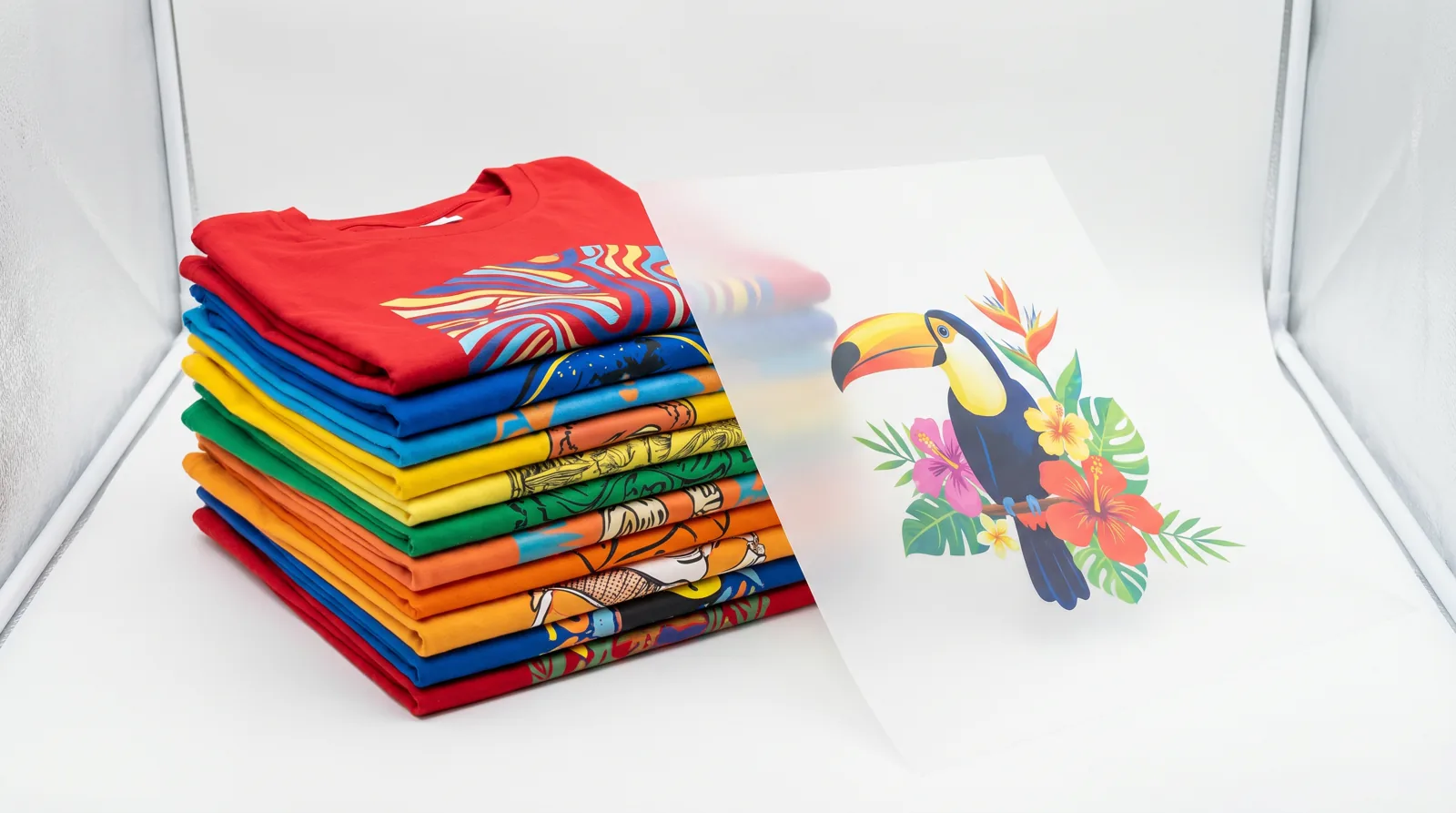 Colorful custom printed t-shirts and a DTF transfer film sheet